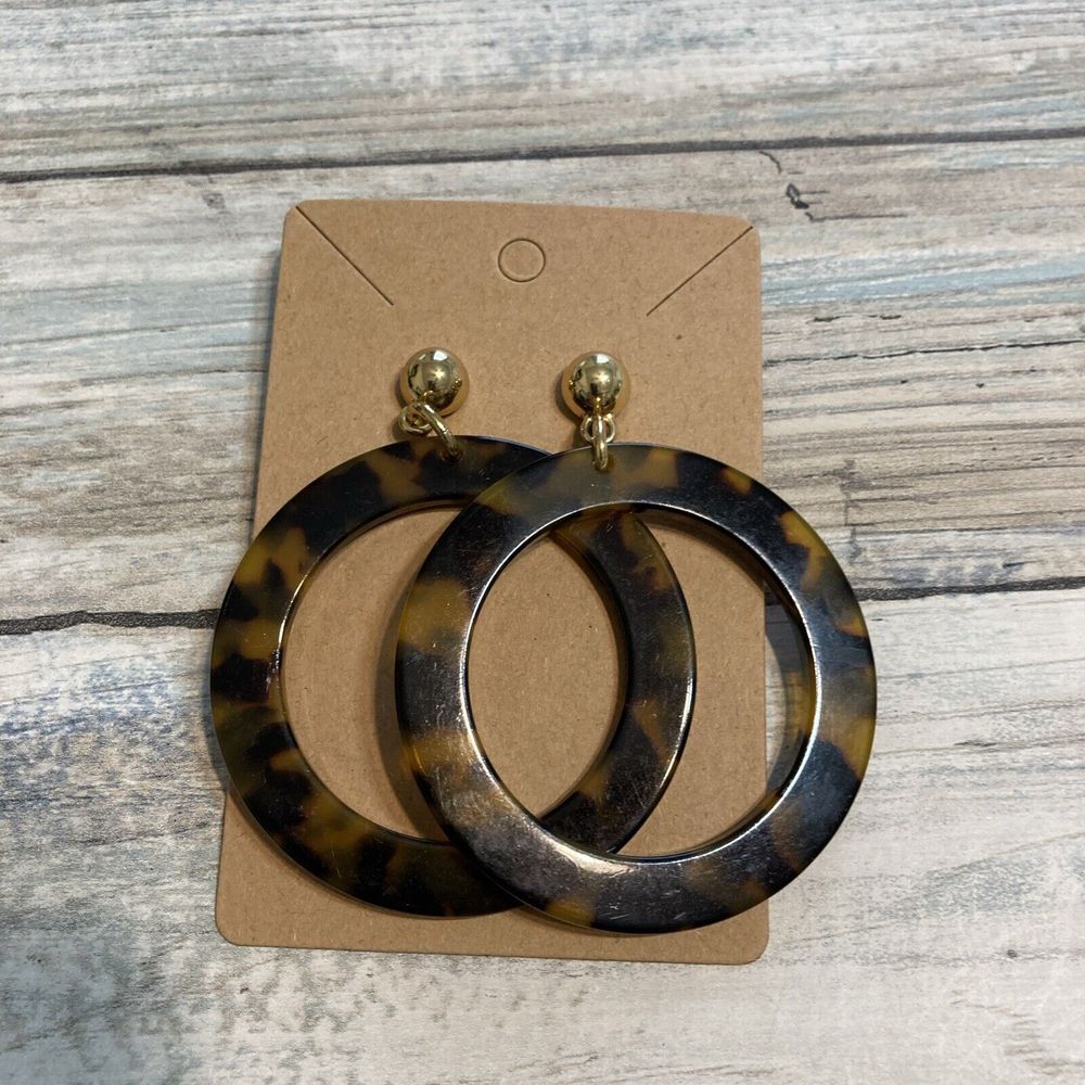 Tortoise Acetate Circle EARRINGS Drop dangle Gold Tone Posts Large 2.5"